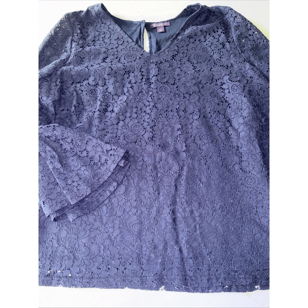Roman's Lace Bloom Scalloped Blouse Top, Navy Womens‎ 26 Tunic Ruffle Sleeves